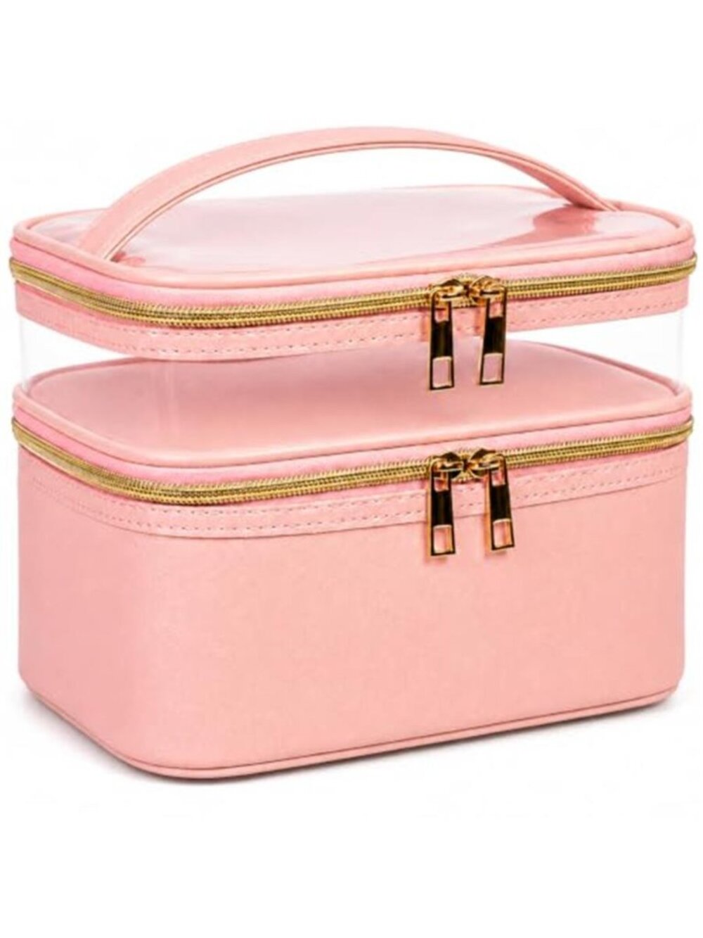 Pink Leather Double Layer Makeup Bag Travel Toiletry Cosmetic Organizer Pouch